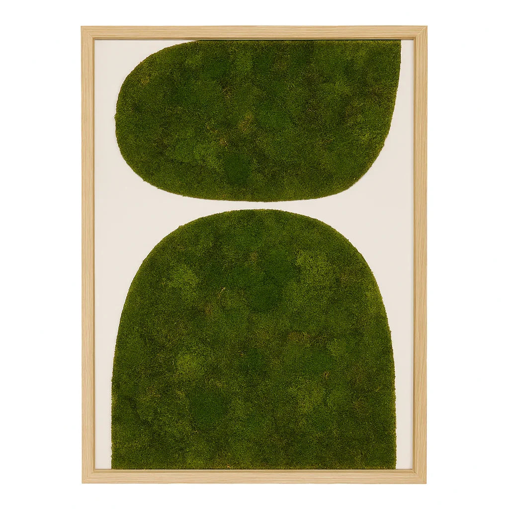 Custom, made to order, vertical rectangular 24x36in moss wall art, with two stacked organic shapes filled with preserved green moss inset into carved natural wood. Free Shipping Nationwide. Made in Des Moines, Iowa.