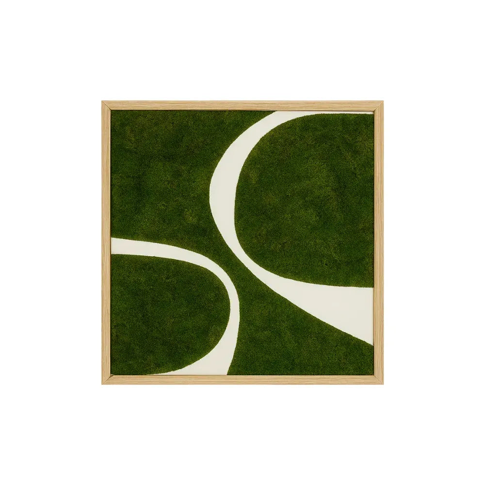 Abstract Moss Wall No. 014 – 48x48 preserved green mood moss wall art with carved wood detail, featuring symmetrical modern design for luxury interior plantscaping, office décor, and zero-maintenance biophilic design.