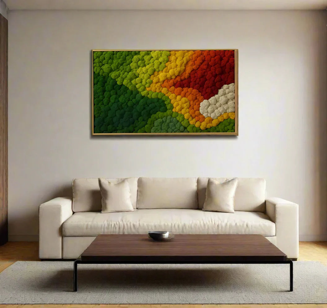 Amberveil preserved moss wall art featuring warm-toned reindeer moss in golden amber hues, handcrafted with sculptural negative space and framed in natural wood—luxury zero-maintenance biophilic design for residential or commercial interiors.