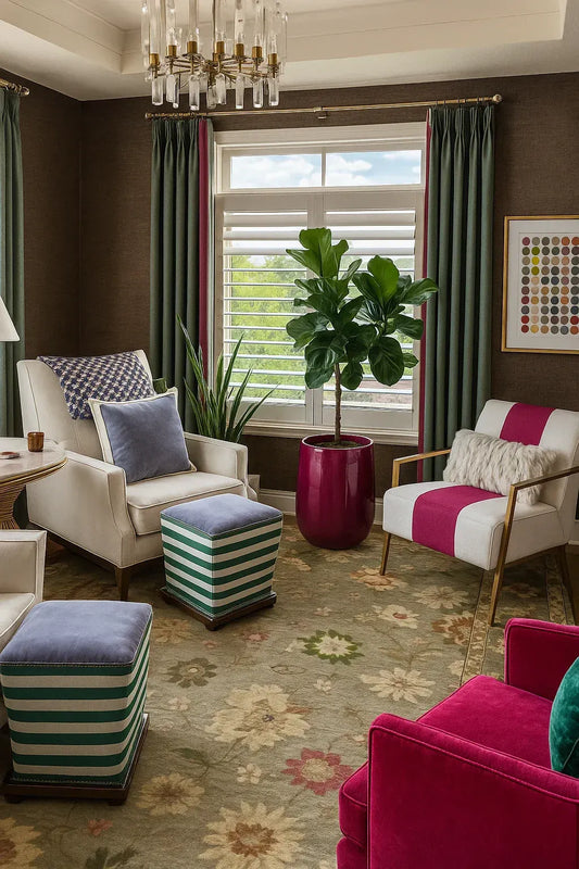 Modern living room with vibrant indoor plants, colorful decor, and biophilic design accents.