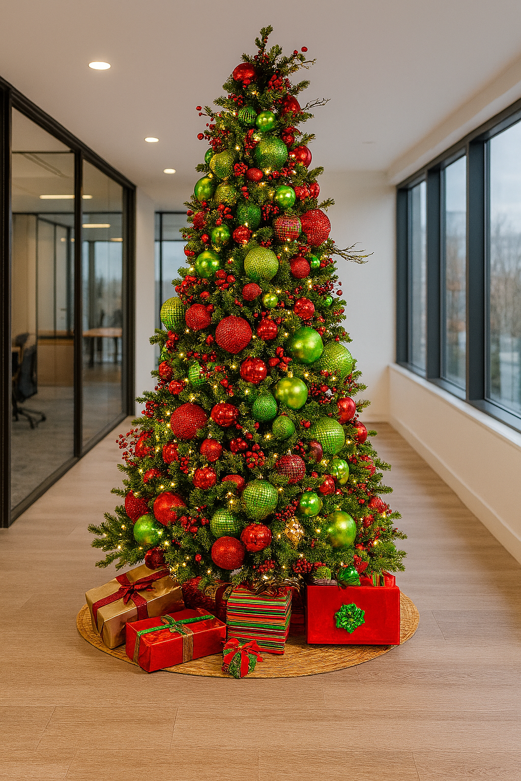 Trendy Gardener Professionally Decorated Christmas tree with red and green ornaments in a modern office setting. Best Professional Christmas Tree Decor in Des Moines, Iowa.