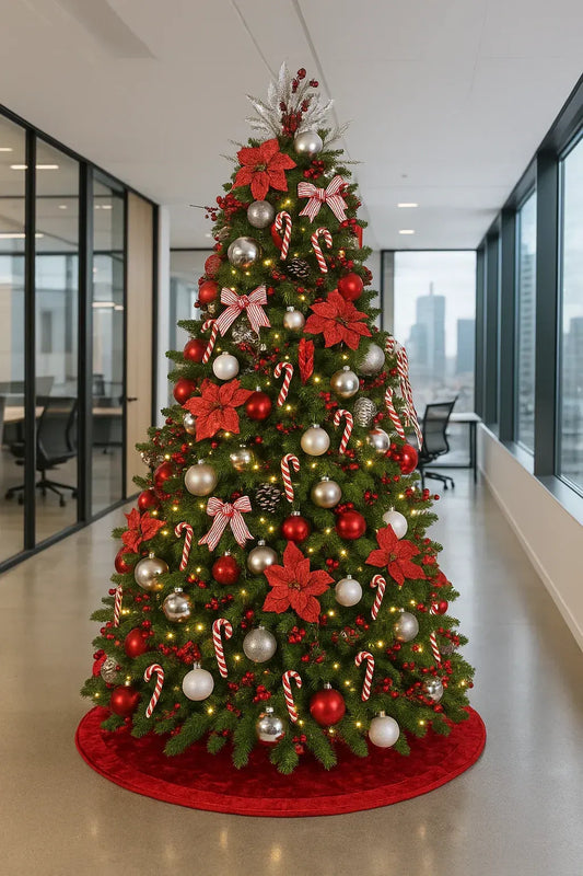 Decorated Christmas tree in a business lobby with decorated wreaths and holiday garlands. Best Christmas tree design and rental Trendy Gardener Des Moines, Iowa.