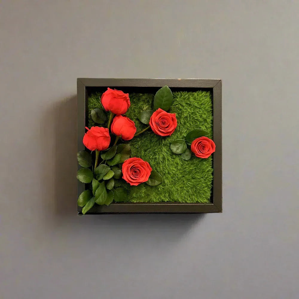 Crimson Grove Preserved Moss Wall Frame 12x12in – A handcrafted square wall art piece featuring lush preserved green moss and five vibrant preserved red roses arranged organically within a sleek black frame. The roses appear to grow naturally from the moss, creating a bold, biophilic focal point ideal