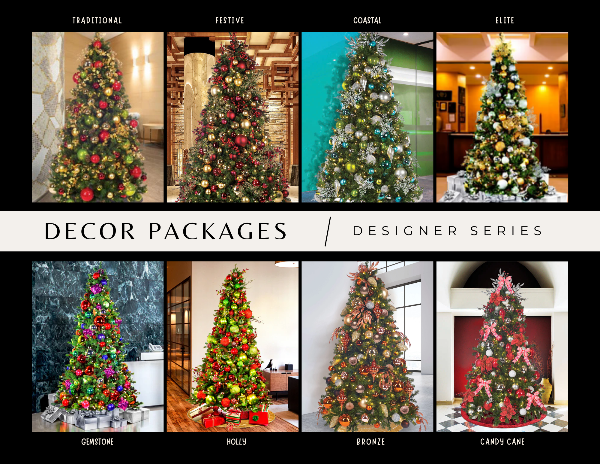 A visual layout of eight professionally decorated Christmas trees from Trendy Gardener’s Designer Series Decor Packages. Each tree showcases a unique holiday theme.