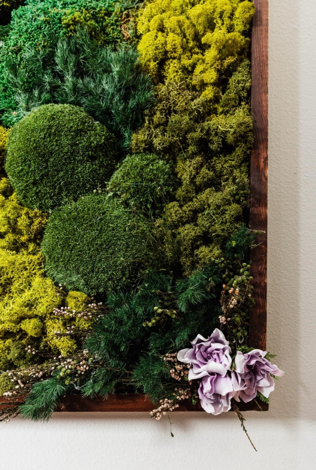 A luxury moss wall piece, handmade with preserved botanical textures, ideal for interior design, green architecture, and wellness-focused spaces.