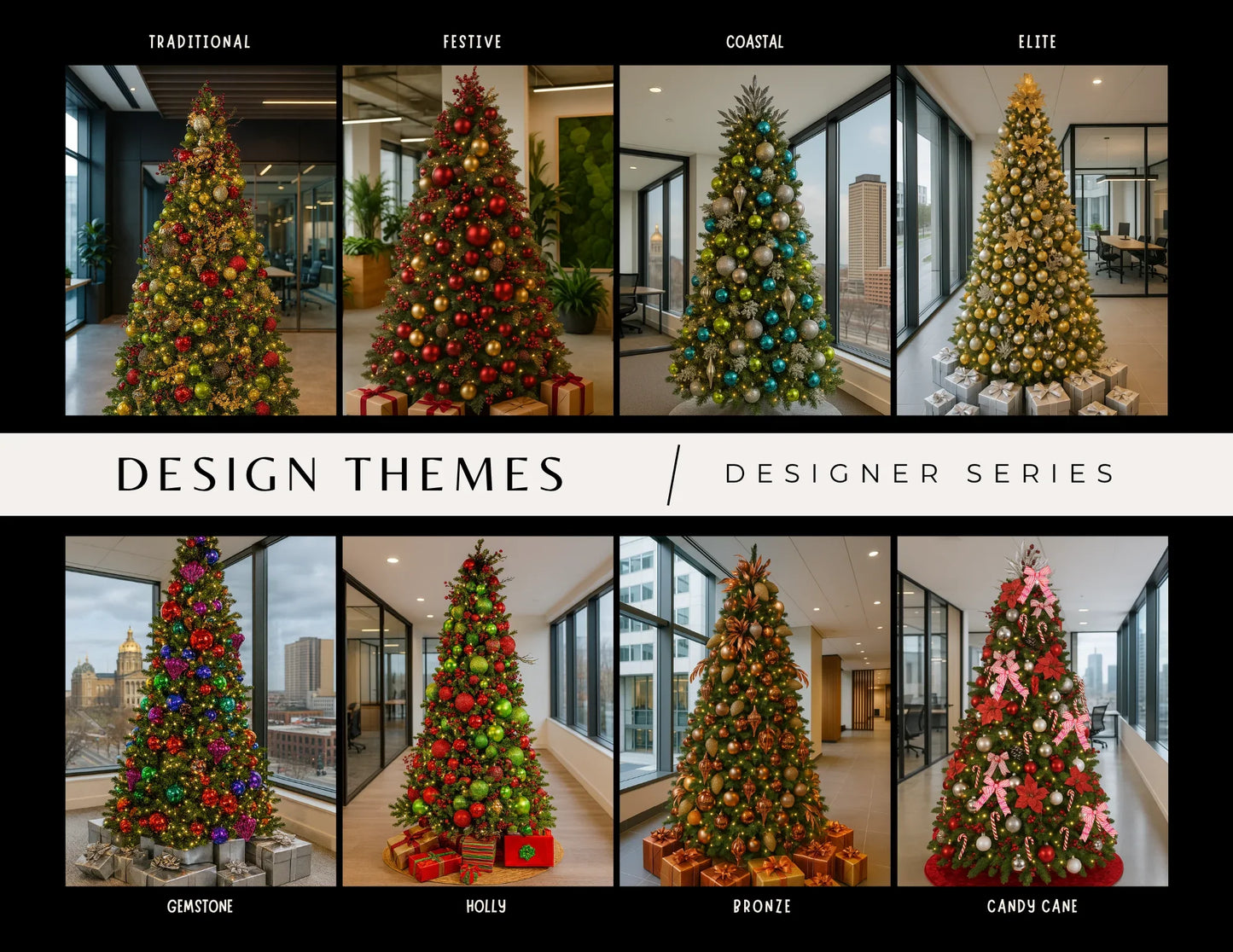 "Trendy Gardener Designer Series showcasing eight holiday tree design themes: Traditional, Festive, Coastal, Elite, Gemstone, Holly, Bronze, and Candy Cane. Each Christmas tree is uniquely decorated, featuring distinct color schemes and elegant ornaments, set within contemporary office spaces.