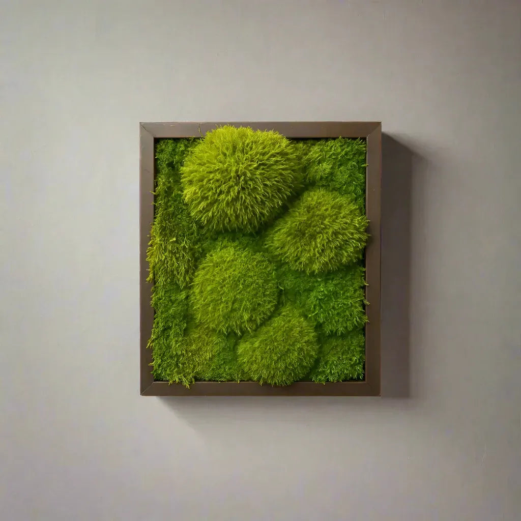 Moss Reverie frame with layered preserved mood, reindeer, and forest mosses arranged in a flowing design inside a 12x12in hardwood frame.