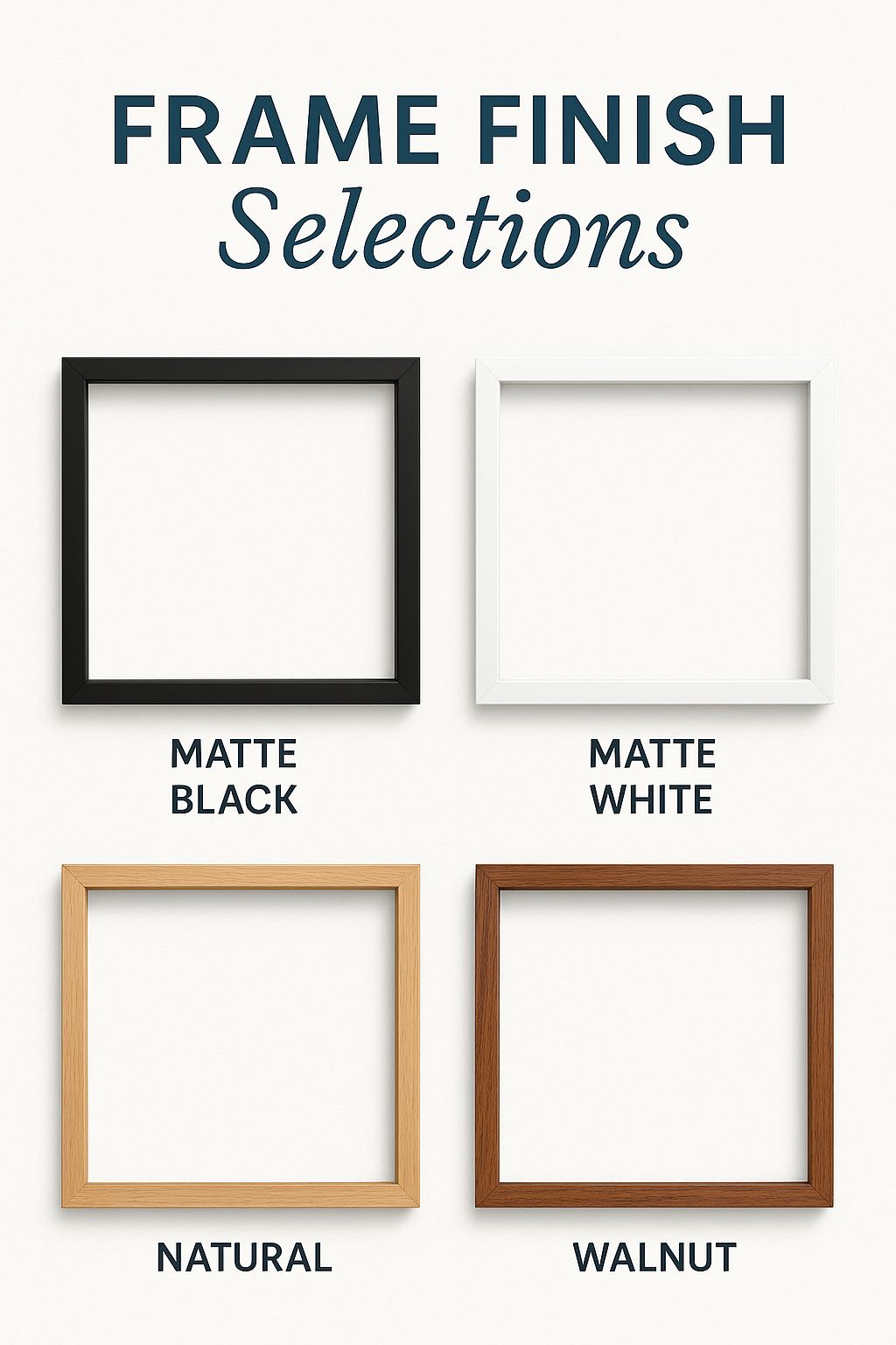 A visual guide titled "Moss Wall Frame Finish Selections" showcasing four square, mitered wooden frames arranged in a 2x2 grid on a light background. Each frame displays a different finish: Matte Black (top left), Matte White (top right), Natural (bottom left), and Walnut (bottom right).