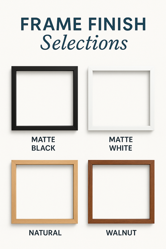 A visual guide titled "Moss Wall Frame Finish Selections" showcasing four square, mitered wooden frames arranged in a 2x2 grid on a light background. Each frame displays a different finish: Matte Black (top left), Matte White (top right), Natural (bottom left), and Walnut (bottom right).