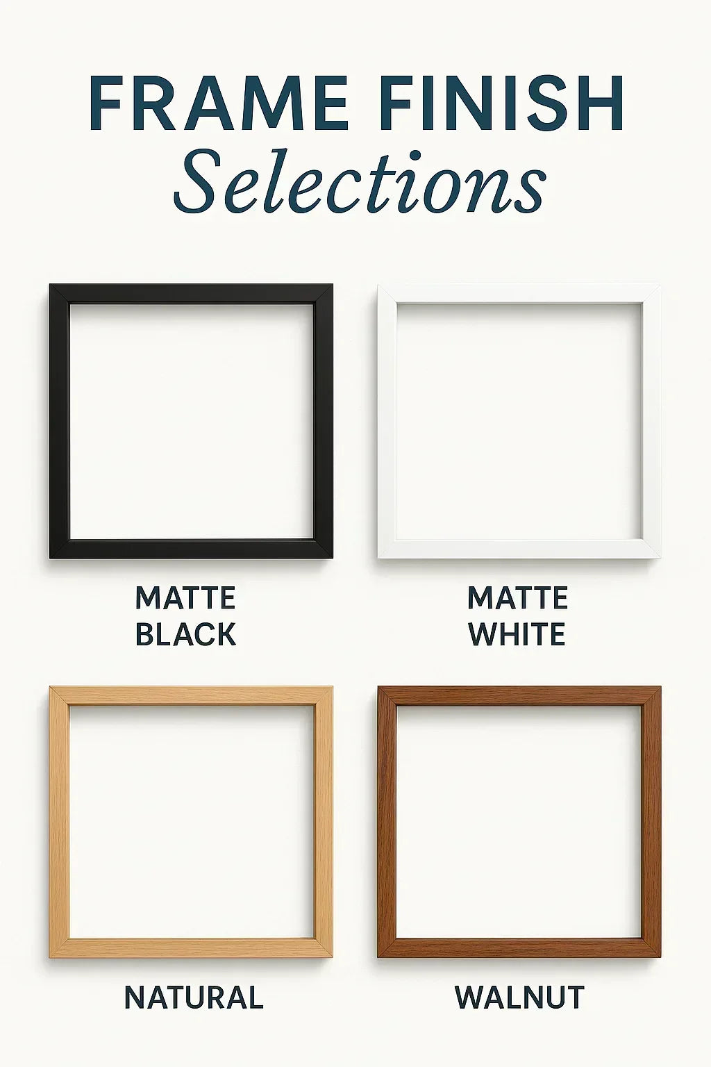 A visual guide titled "Moss Wall Frame Finish Selections" showcasing four square, mitered wooden frames arranged in a 2x2 grid on a light background. Each frame displays a different finish: Matte Black (top left), Matte White (top right), Natural (bottom left), and Walnut (bottom right).