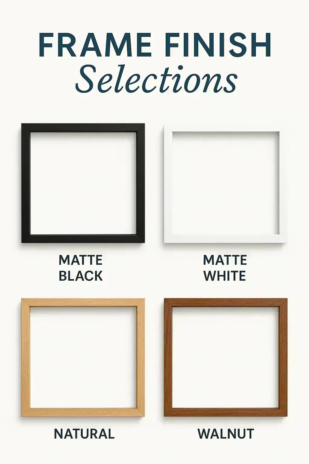 A visual guide titled "Moss Wall Frame Finish Selections" showcasing four square, mitered wooden frames arranged in a 2x2 grid on a light background. Each frame displays a different finish: Matte Black (top left), Matte White (top right), Natural (bottom left), and Walnut (bottom right).
