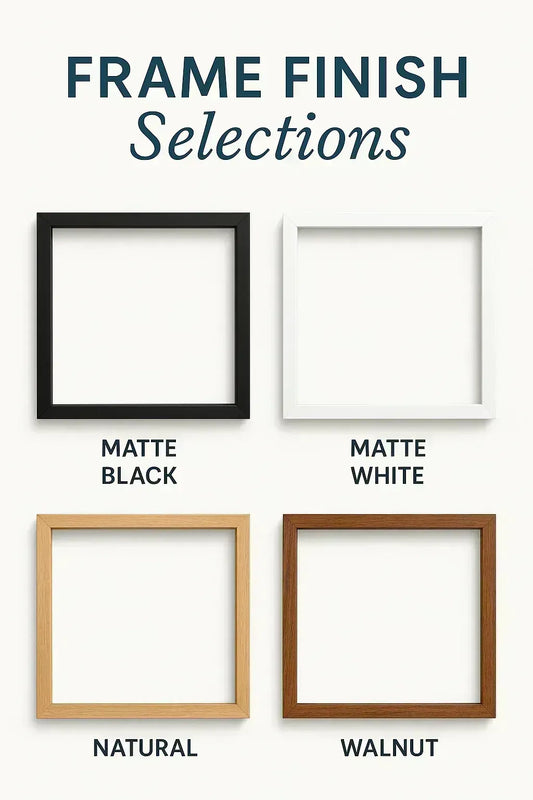 A visual guide titled "Moss Wall Frame Finish Selections" showcasing four square, mitered wooden frames arranged in a 2x2 grid on a light background. Each frame displays a different finish: Matte Black (top left), Matte White (top right), Natural (bottom left), and Walnut (bottom right).