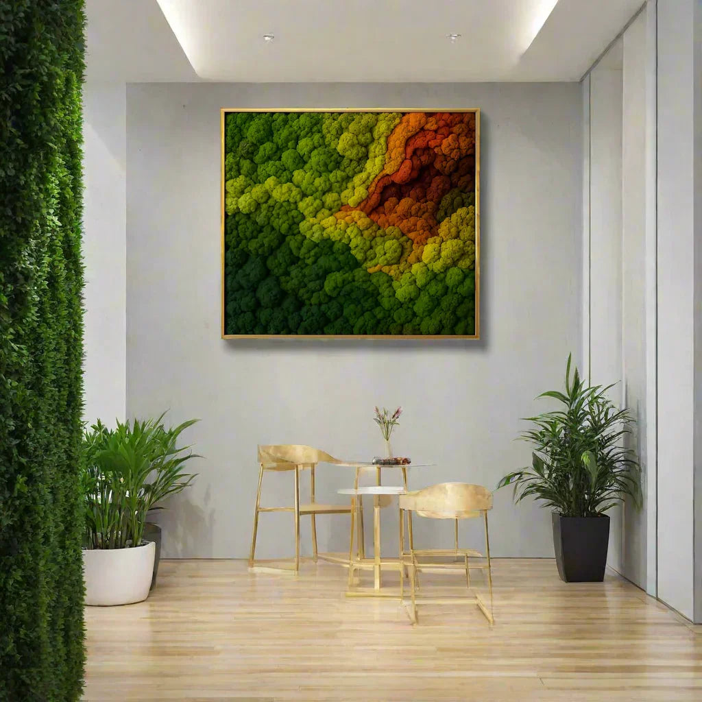 Noctiflora preserved moss wall in a wellness inspired office building surrounded by lush plants and natural lighting. Commercial moss branding Des Moines, Iowa | Trendy Gardener