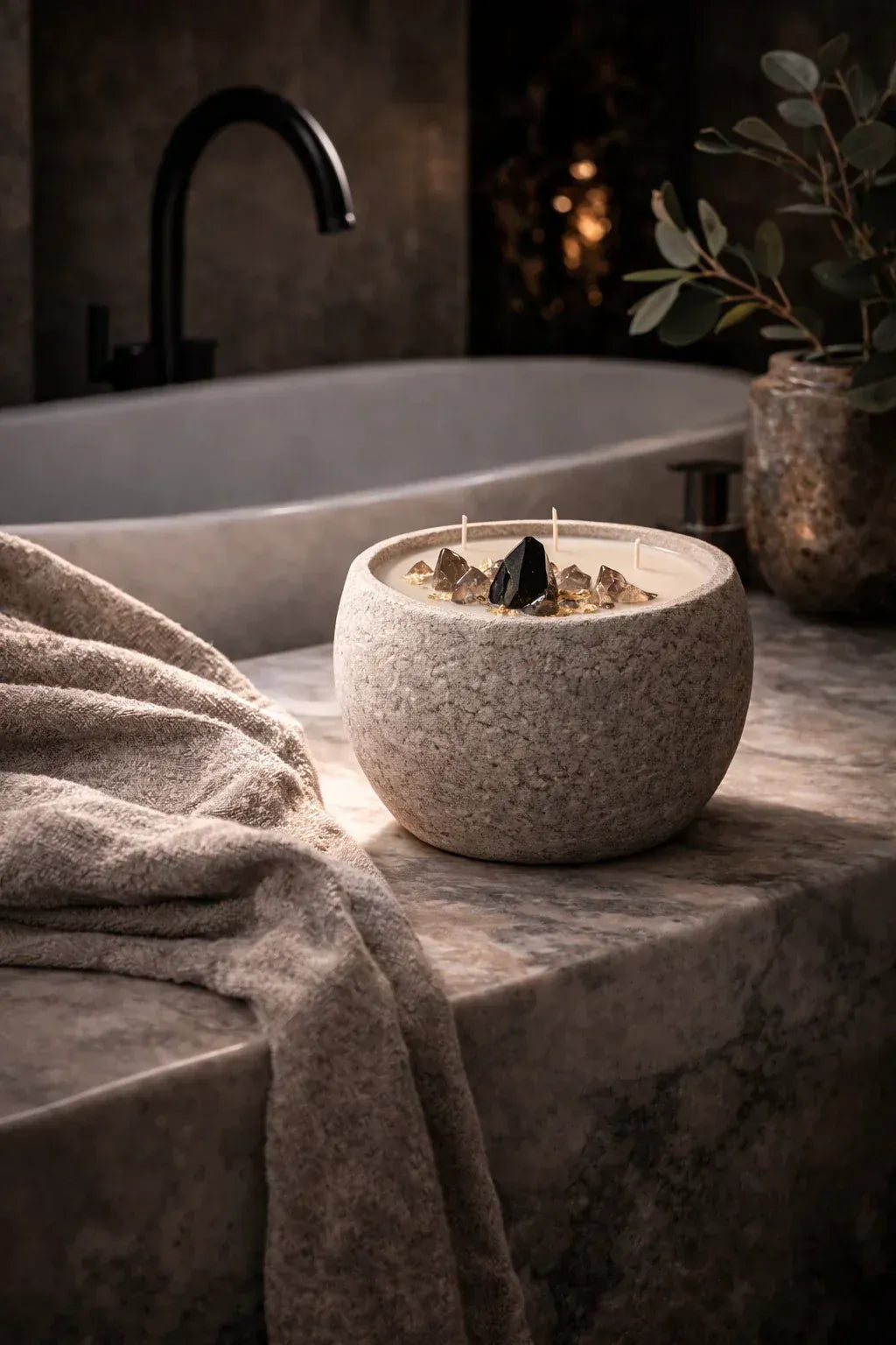 Noir + Oudh luxury candle styled beside a soaking tub in a high-end bathroom
