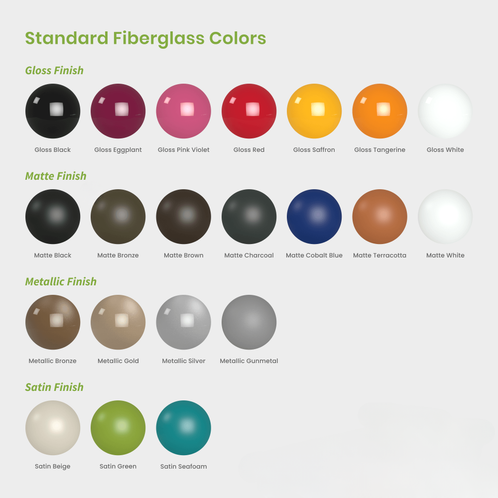 Color options for Standard Fiberglass Planter Pots, showcasing a range of 21 UV-resistant finishes including shades of black, white, grey, brown, beige, terracotta, blue, pink, yellow, orange, green, purple, teal, and red, displayed in a circular arrangement