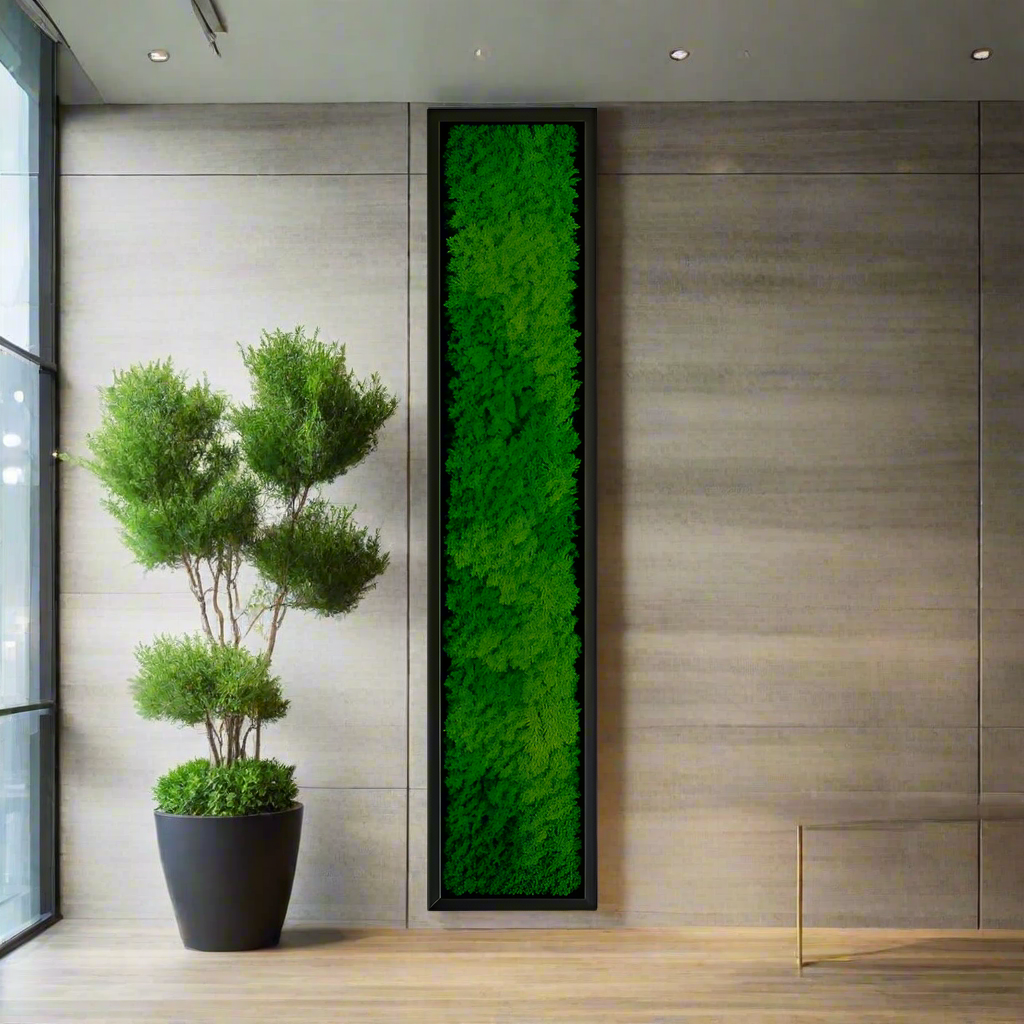 Stunning moss wall framed in solid furniture grade wood on display in a high end residential home