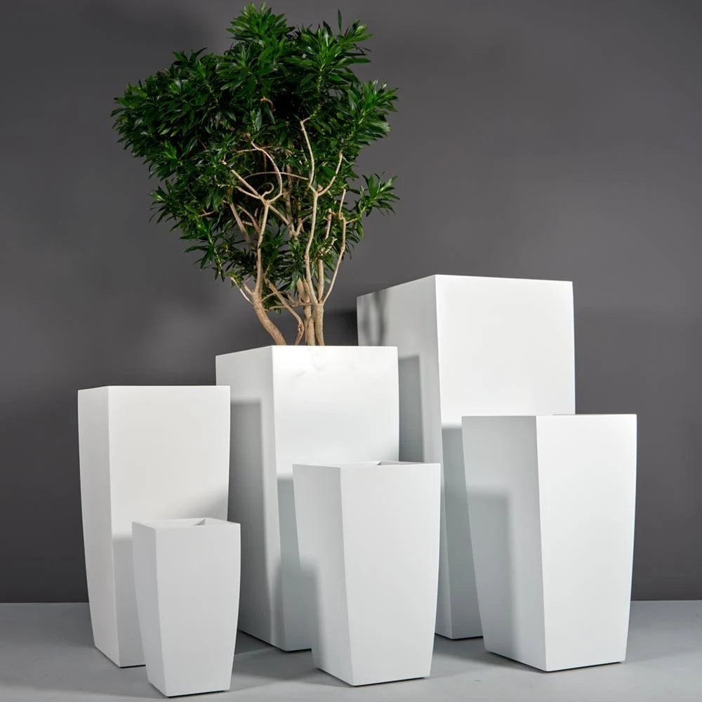 Tapered European Square Fiberglass Planter in White - Trendy Gardener