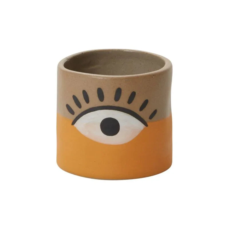 Vision Pot featuring a bold eye design on a vibrant orange and natural beige ceramic planter, perfect for adding a whimsical touch to modern interiors. Des Moines, Iowa Plant Shop Near me.
