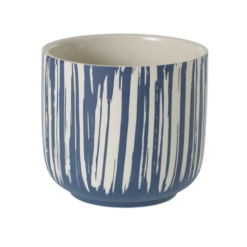 Westview ceramic pot with geometric patterns on a wooden shelf at Trendy Gardener in Des Moines Iowa