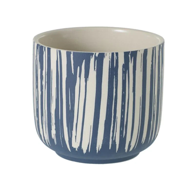 Westview ceramic pot with geometric patterns on a wooden shelf at Trendy Gardener in Des Moines Iowa