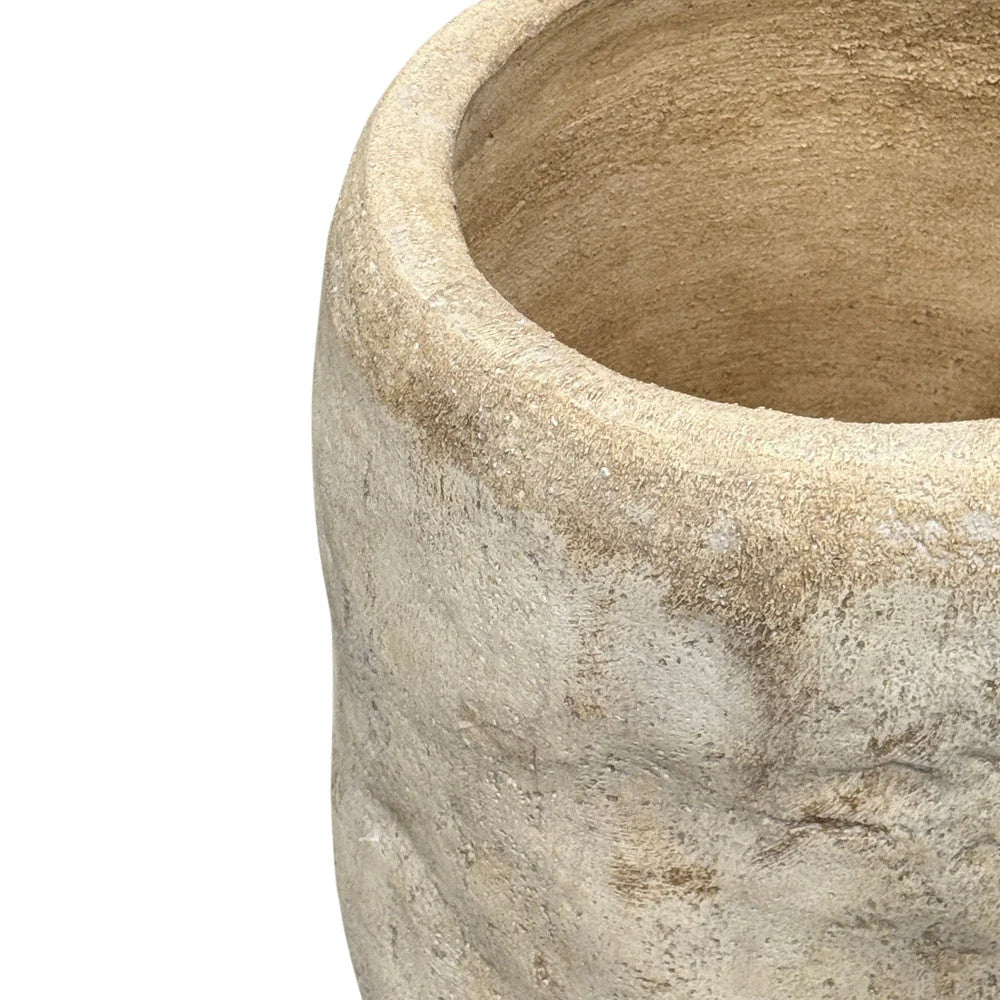 Vintage antique round limestone planter with sculptural indoor styling