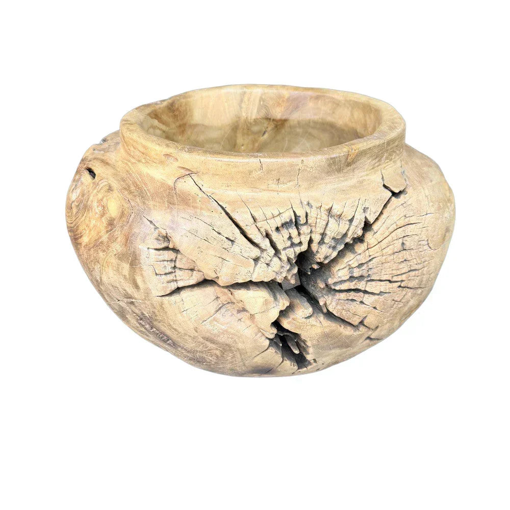 Indonesian teak wood planter styled in a refined interior setting, 21"W x 20"D x 14.5"H.