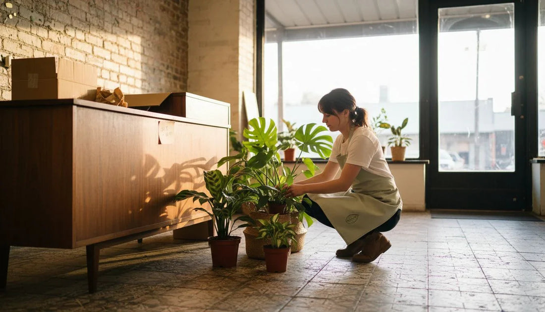 Retail worker arranging plants by store counter