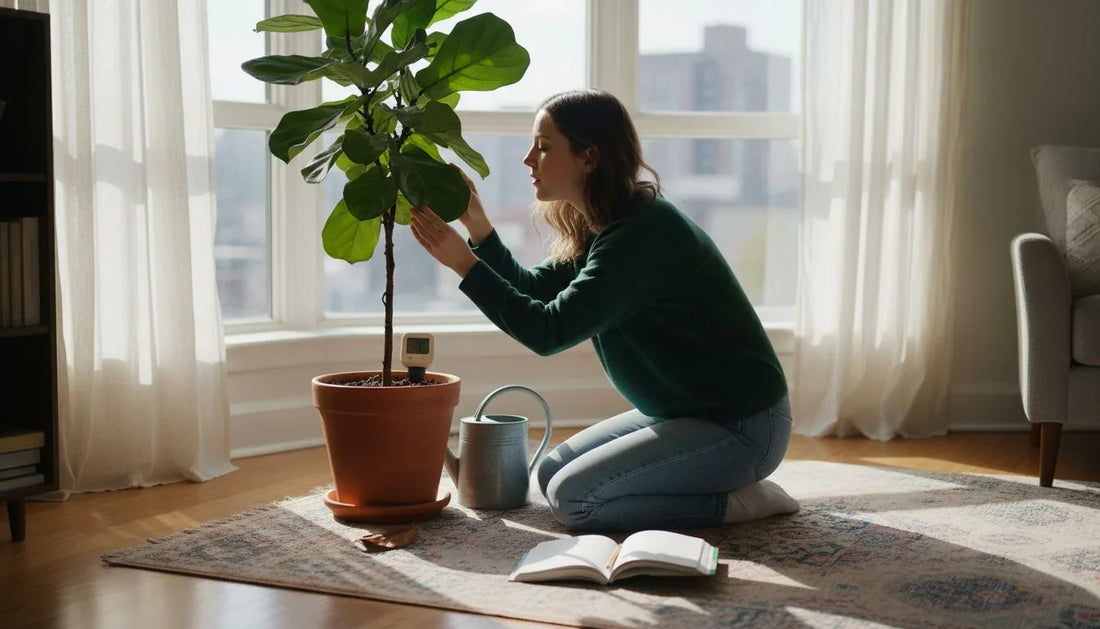 Woman checks indoor plant health near window