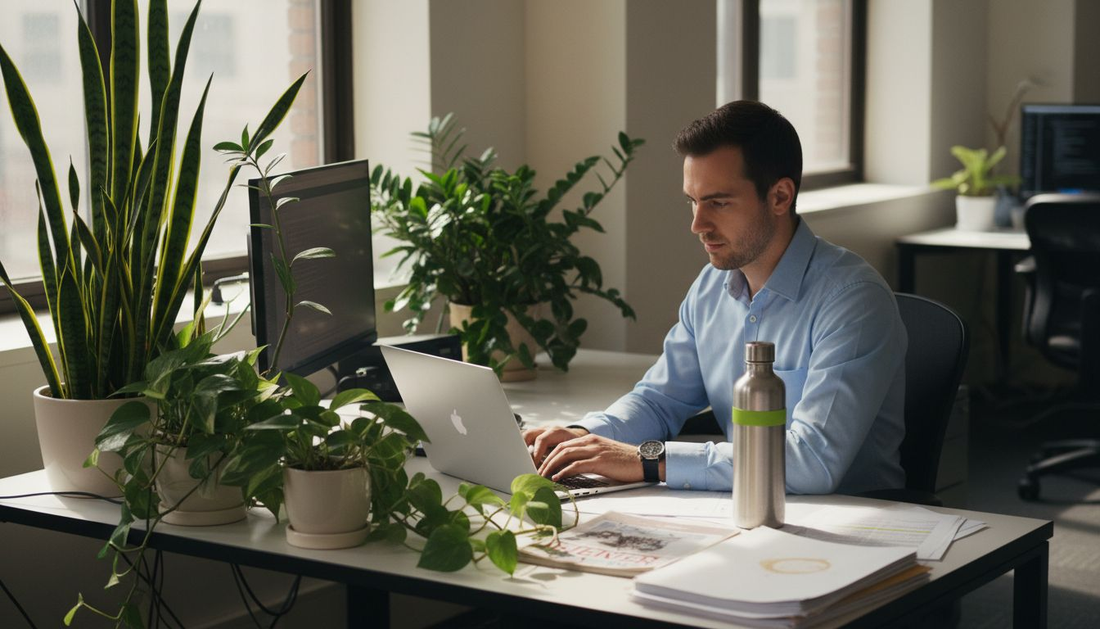 Office desk with popular indoor plants and laptop