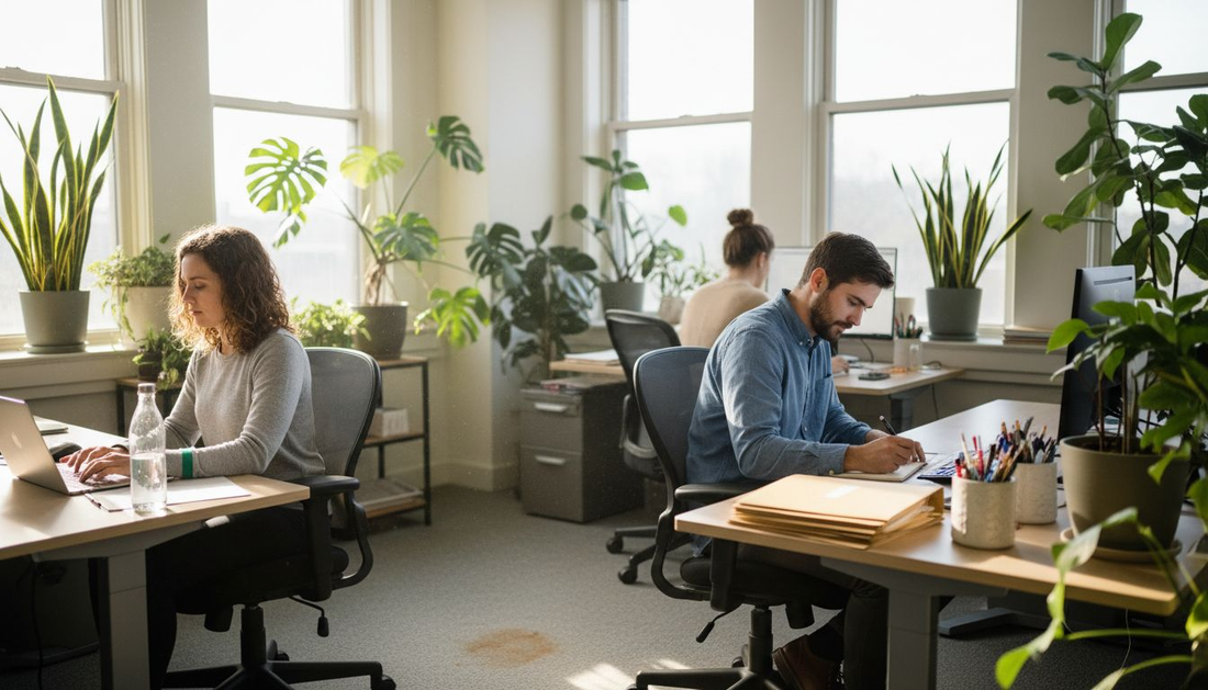 Employees working surrounded by lush office plants