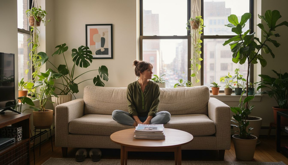Living room with person enjoying indoor plants