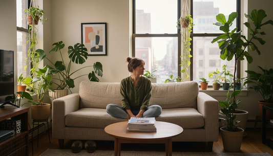 Living room with person enjoying indoor plants