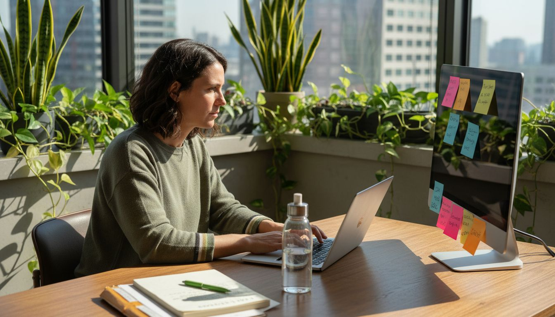 Office desk with indoor plants and manager