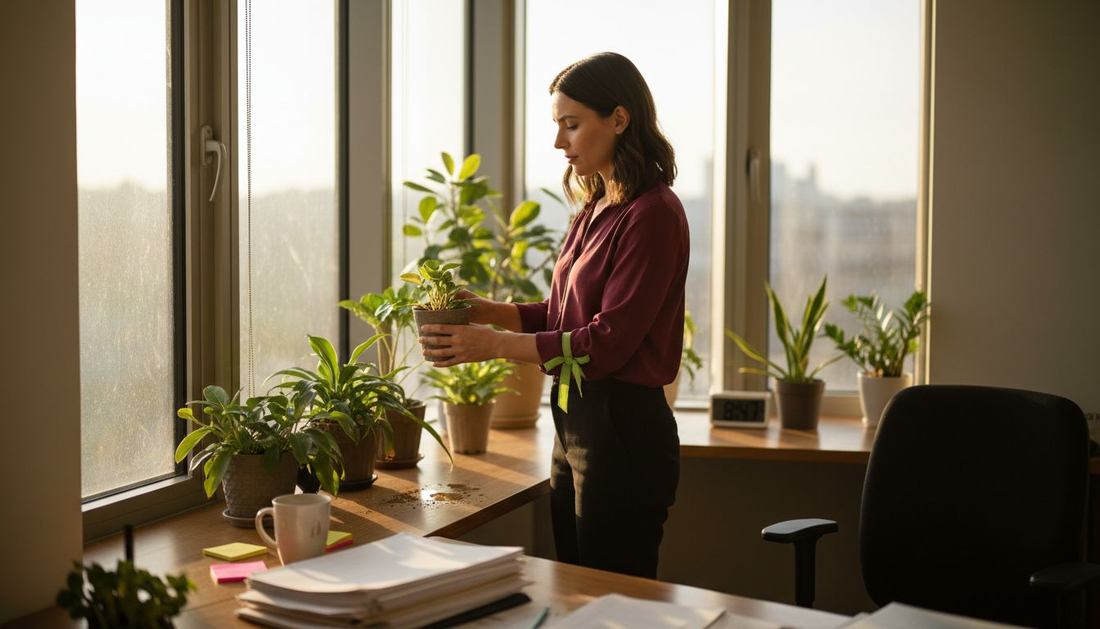 Worker waters plants in sunlit office