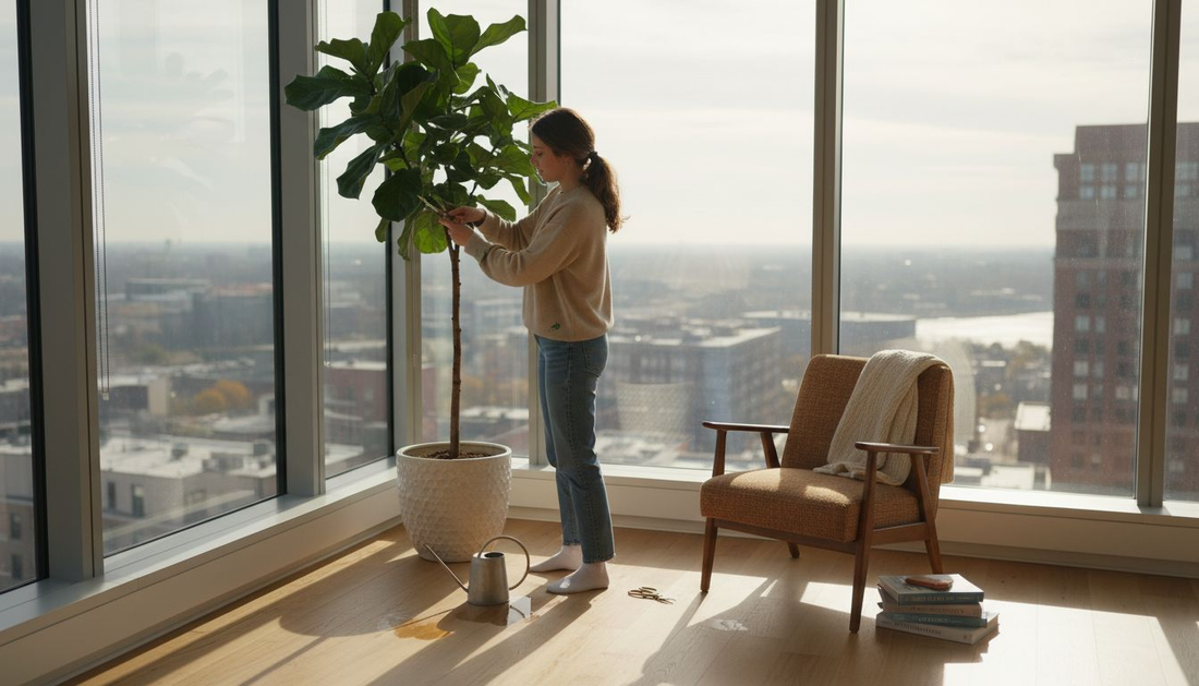 Designer caring for plant near office window