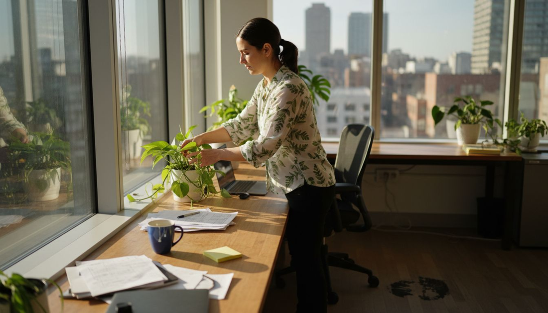 Woman tending plants in sunny office corner
