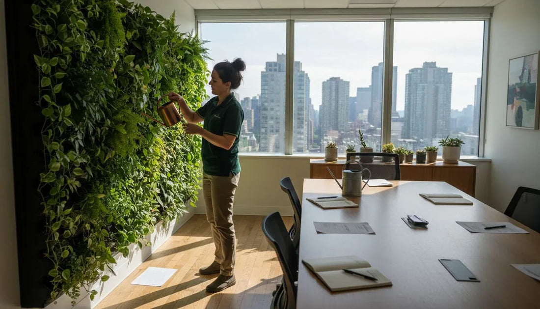 Person tending living wall in bright office