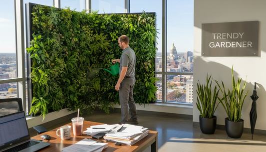 Technician watering office vertical plant wall