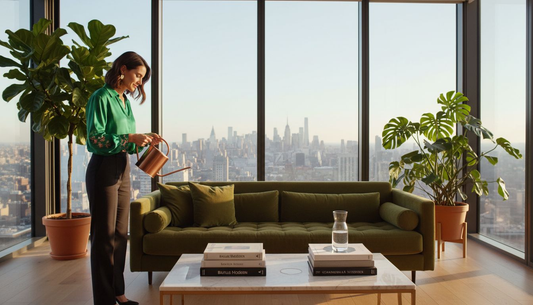 Woman waters luxurious indoor plants in penthouse