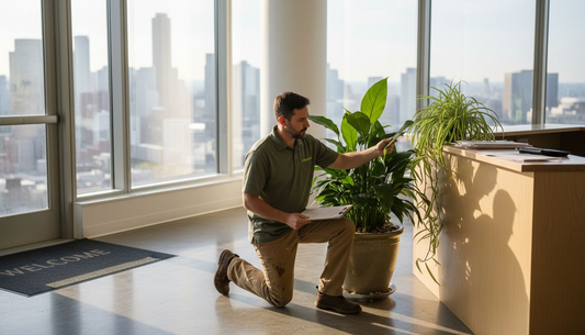 Manager inspecting office plant in bright corner