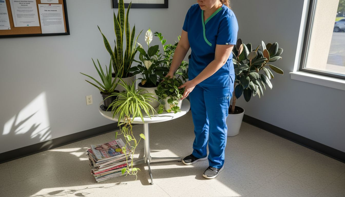 Nurse arranging clinic indoor plants
