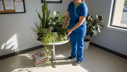 Nurse arranging clinic indoor plants
