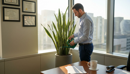 Worker caring for office plant by window