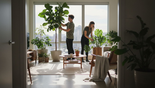 Couple styling statement plants in sunny city apartment