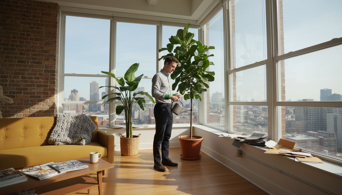 Young professional caring for large office plants