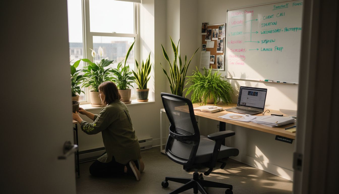 Designer arranging indoor plants in corner office