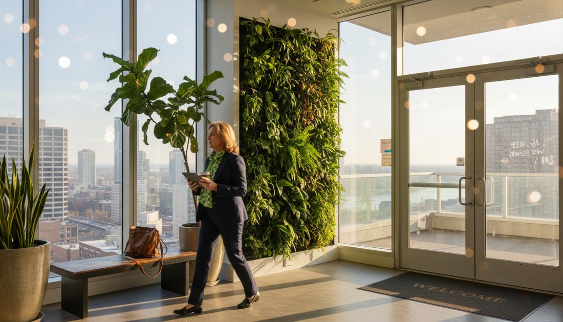Office lobby with living wall and manager passing