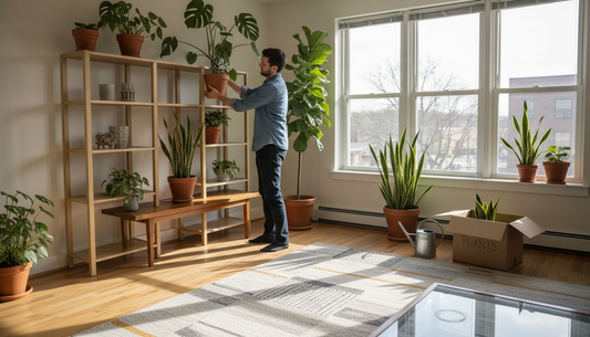 Couple arranging indoor plants in sunlit modern home