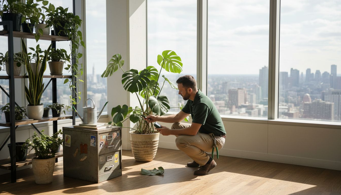 Technician caring for office indoor plants