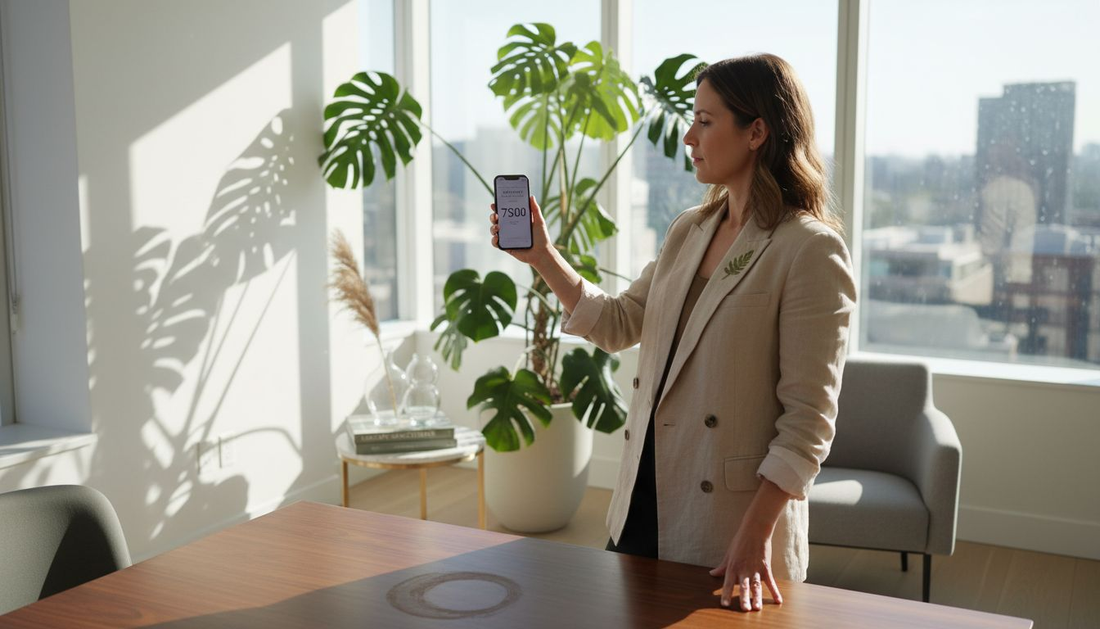 Designer measuring light near luxe indoor plants